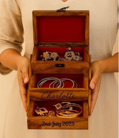 Personalized Horse Carved Jewelry Box: 3-Tier Rosewood Velvet Organizer