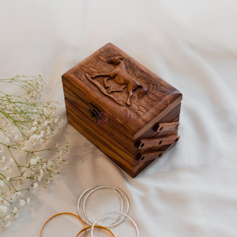 Personalized Horse Carved Jewelry Box: 3-Tier Rosewood Velvet Organizer