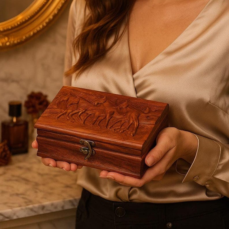 Personalized Rosewood Stash Box: Hand-Carved Horse Design, Velvet Lined