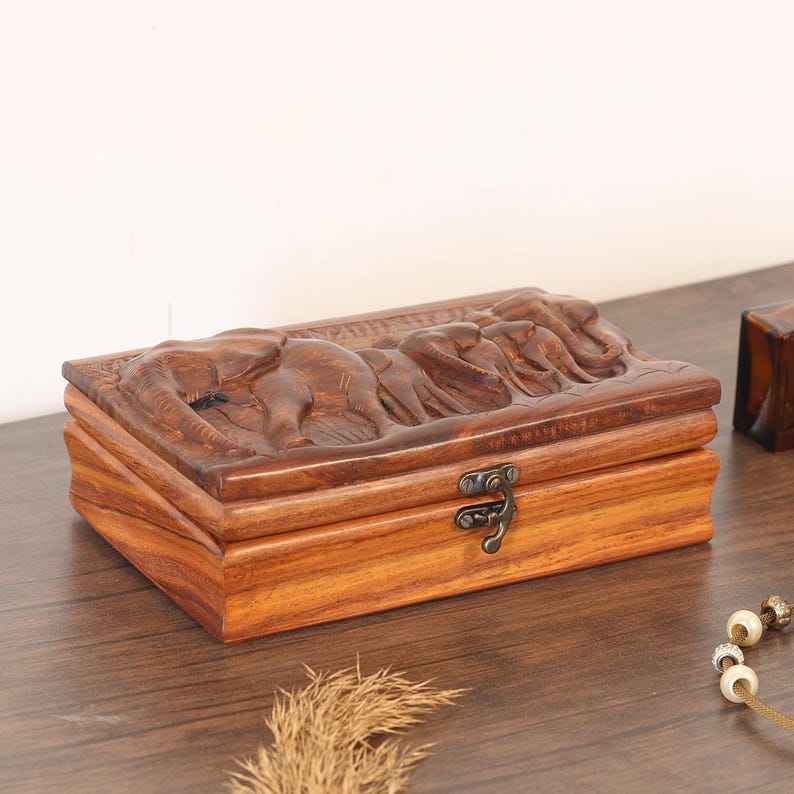 Personalized Rosewood Jewelry Box: Hand-Carved Elephant Keepsake