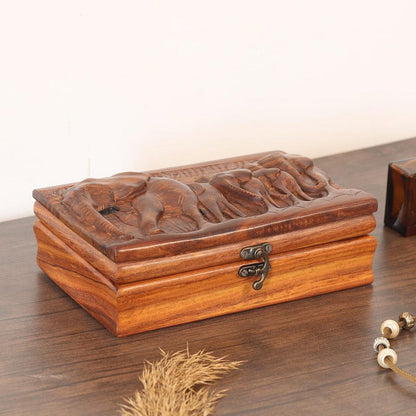 Personalized Rosewood Jewelry Box: Hand-Carved Elephant Keepsake