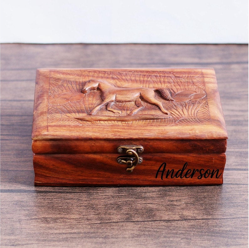 Personalized Wooden Jewelry Box: Hand-Carved Horse Keepsake