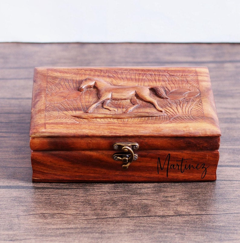 Personalized Wooden Jewelry Box: Hand-Carved Horse Keepsake