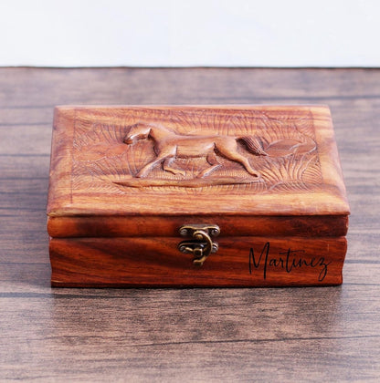 Personalized Wooden Jewelry Box: Hand-Carved Horse Keepsake