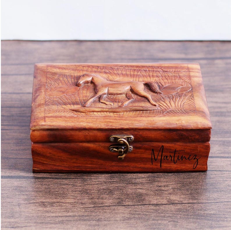Personalized Wooden Jewelry Box: Hand-Carved Horse Keepsake