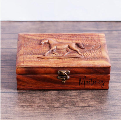 Personalized Wooden Jewelry Box: Hand-Carved Horse Keepsake