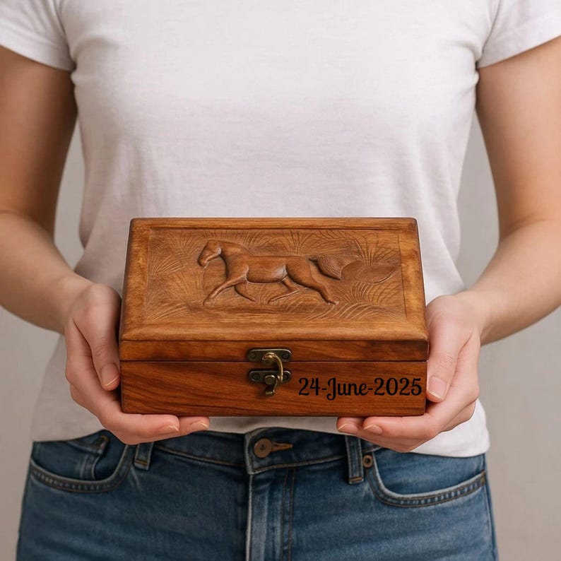 Personalized Wooden Jewelry Box: Hand-Carved Horse Keepsake