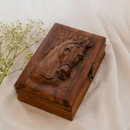 Personalized Rosewood Jewelry Box: Hand-Carved Horse Design, Velvet Lined
