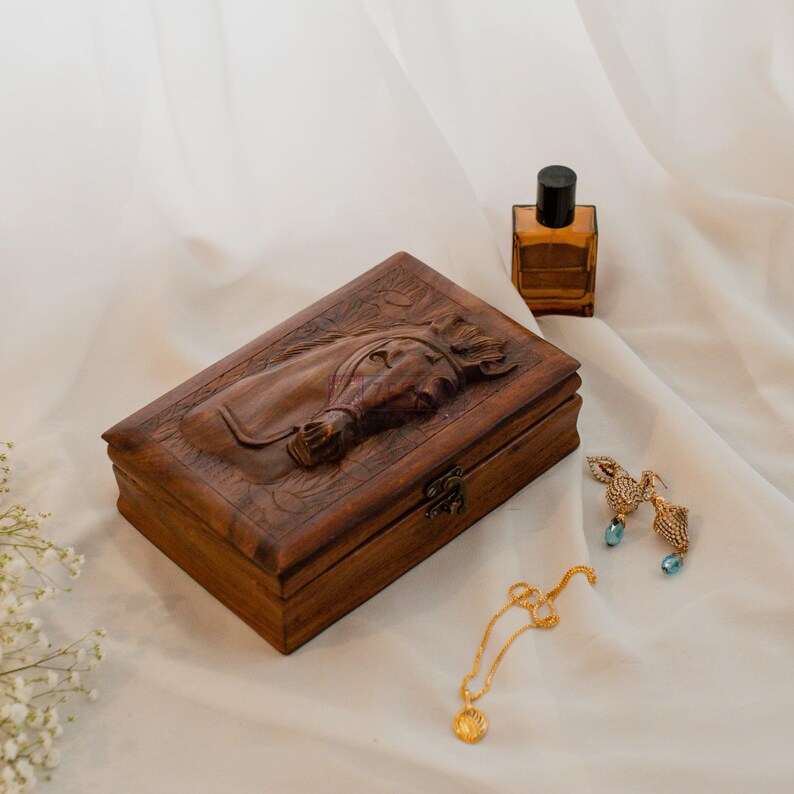 Personalized Rosewood Jewelry Box: Hand-Carved Horse Design, Velvet Lined