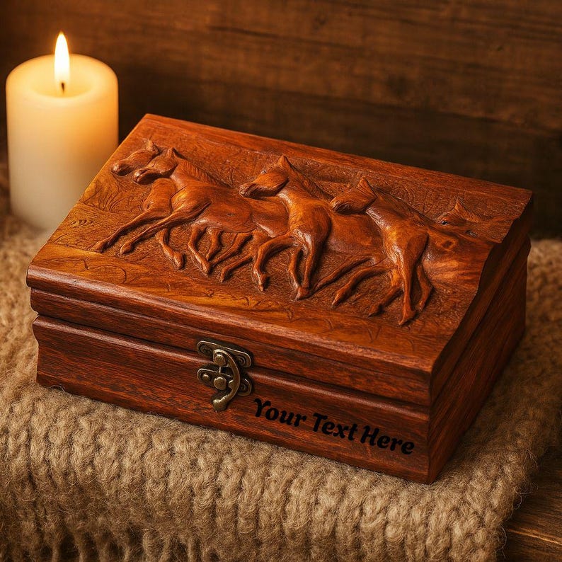 Personalized Rosewood Stash Box: Hand-Carved Horse Design, Velvet Lined