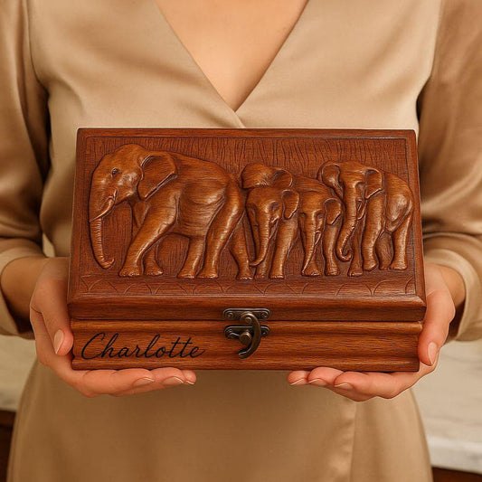 Personalized Rosewood Jewelry Box: Hand-Carved Elephant Keepsake