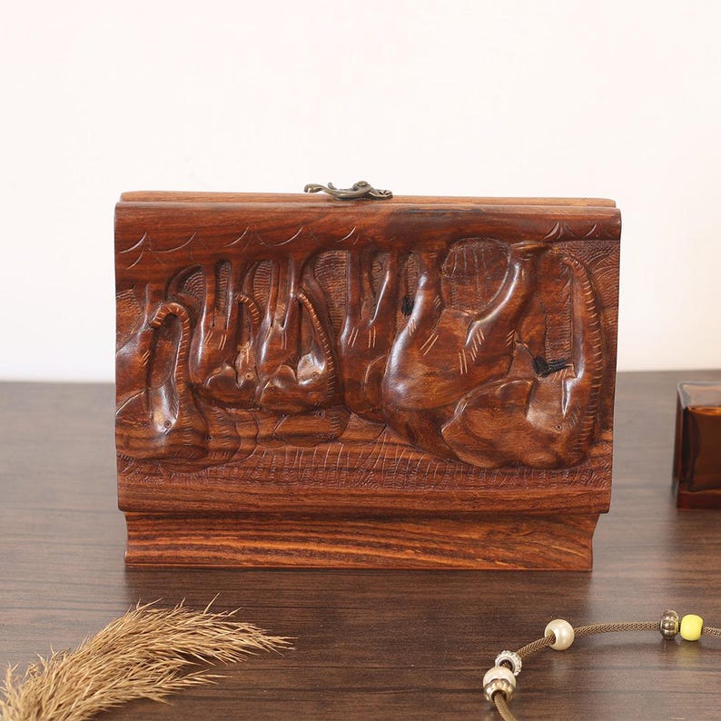 Personalized Rosewood Jewelry Box: Hand-Carved Elephant Keepsake