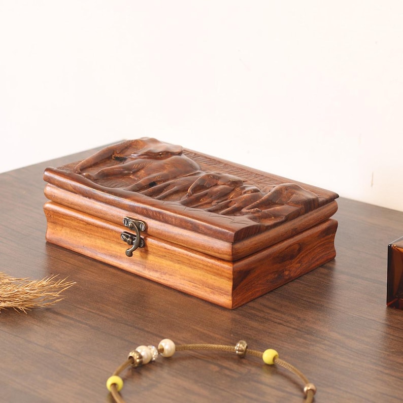 Personalized Rosewood Jewelry Box: Hand-Carved Elephant Keepsake