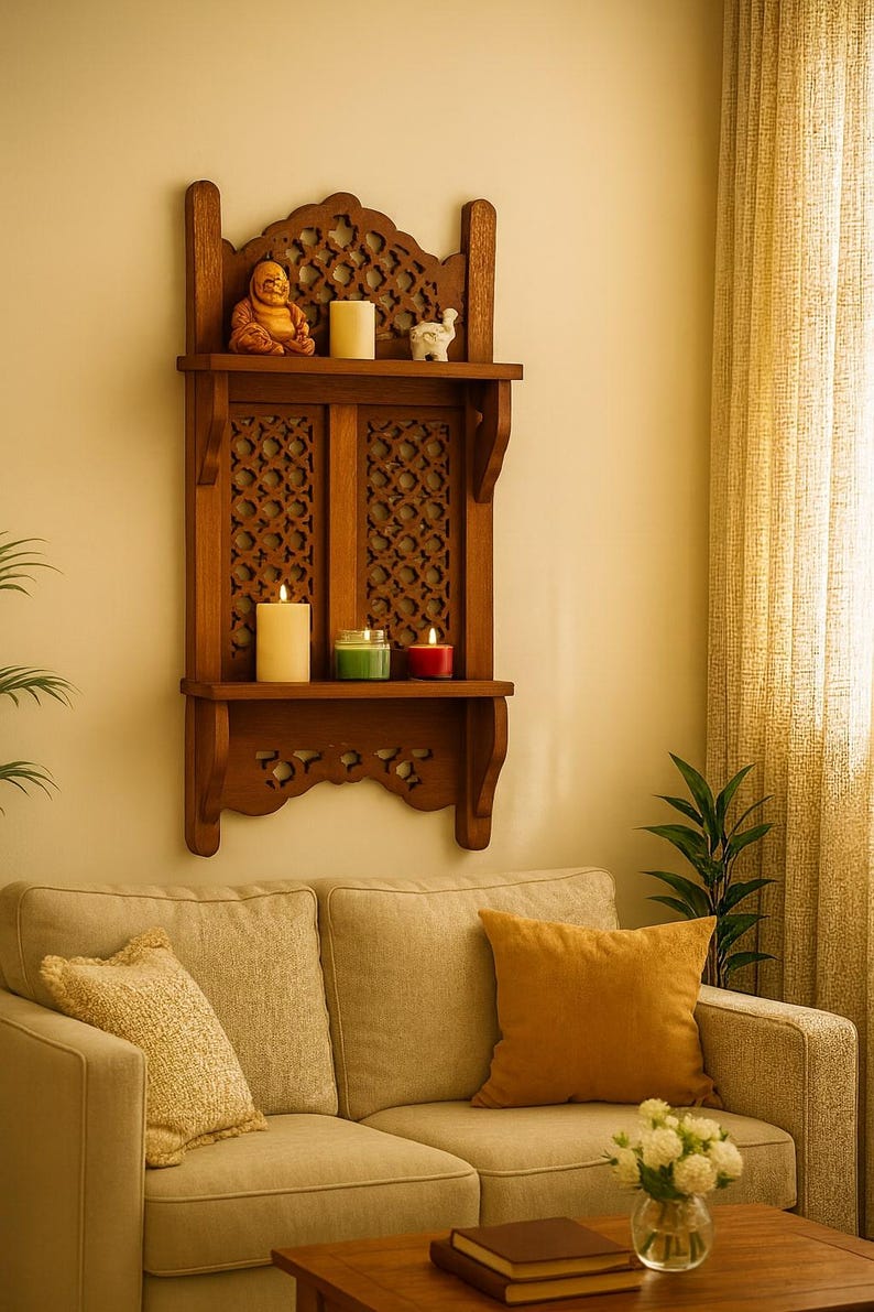 Boho Wooden Wall Shelves Double Tier Shelf for Kitchen Storage, Mugs, Spice Jars & Rustic Wall Decor