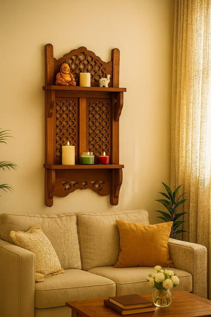 Boho Wooden Wall Shelves Double Tier Shelf for Kitchen Storage, Mugs, Spice Jars & Rustic Wall Decor