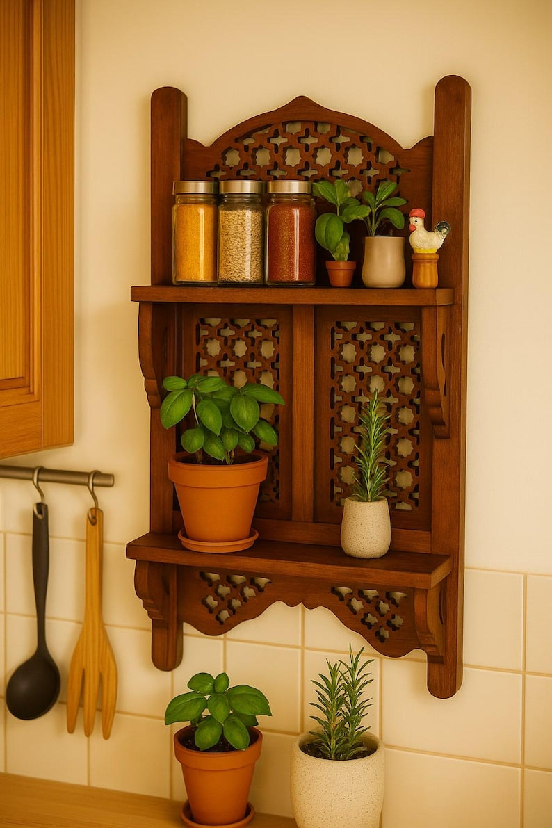 Boho Wooden Wall Shelves Double Tier Shelf for Kitchen Storage, Mugs, Spice Jars & Rustic Wall Decor