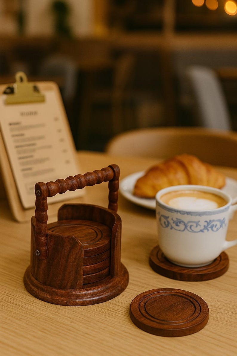 Rustic Rosewood Coaster Set with Holder: Coffee Table Decor