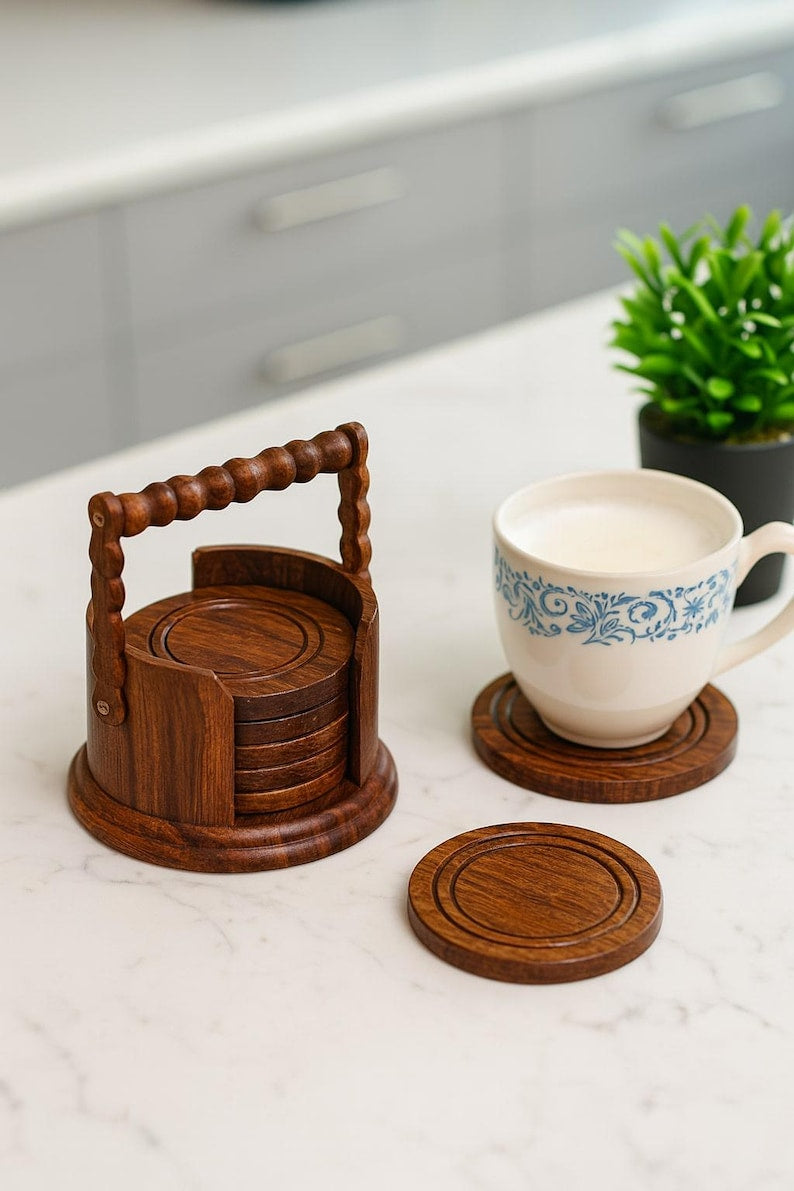 Rustic Rosewood Coaster Set with Holder: Coffee Table Decor