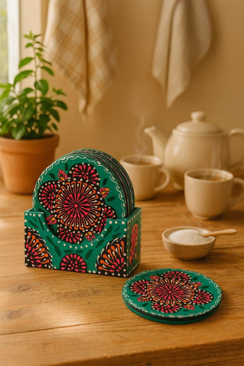 Handpainted Rosewood Coaster Set with Holder: Floral Folk Art
