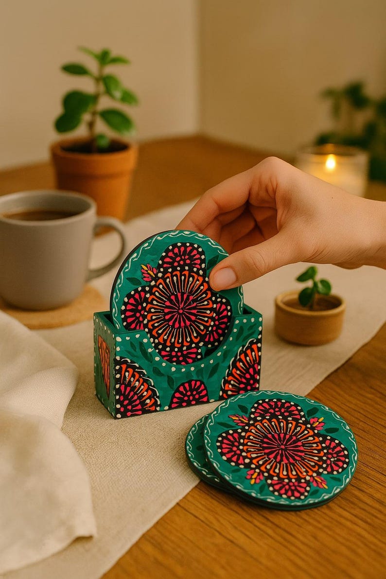 Handpainted Rosewood Coaster Set with Holder: Floral Folk Art