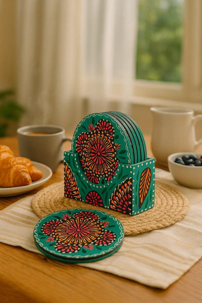 Hand-Painted Rosewood Coaster Set: Folk Art Floral Design