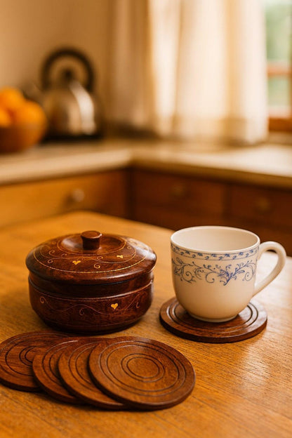 Rustic Rosewood Coaster Set with Storage Box: Boho Coffee Table Decor