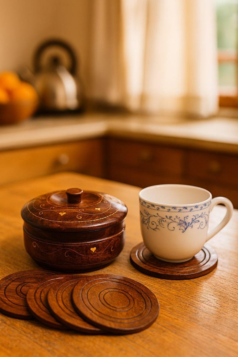 Rosewood Coaster Set with Decorative Box: Rustic Farmhouse Decor