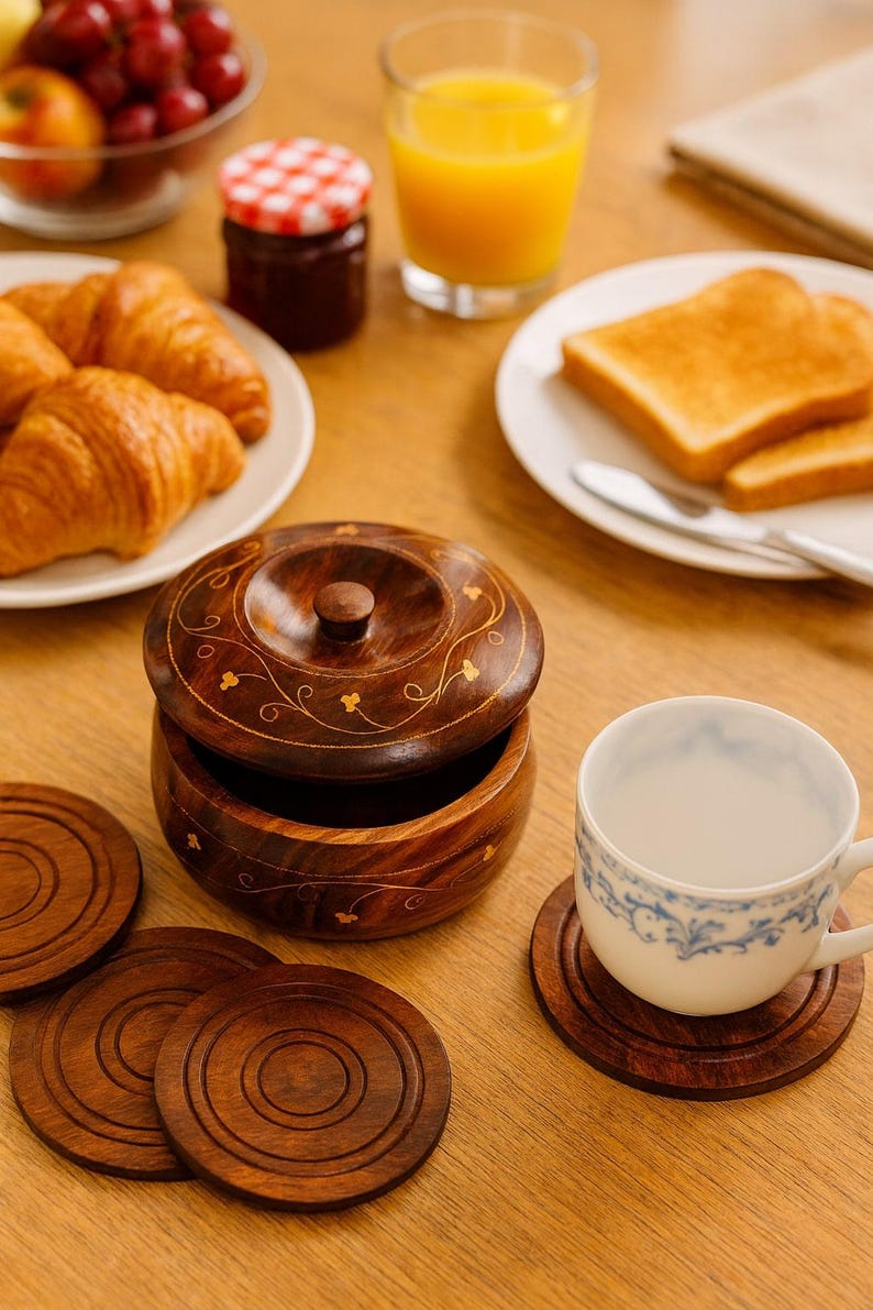 Rosewood Coaster Set with Decorative Box: Rustic Farmhouse Decor