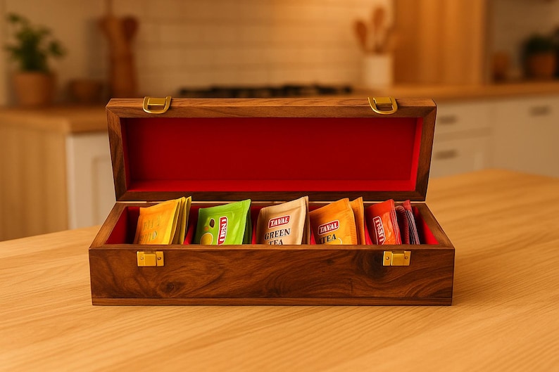Engraved Wood Tea Box with 5 Compartments, Personalized Tea Organizer