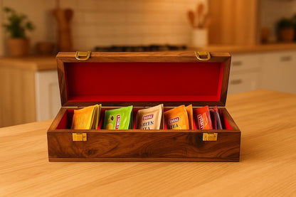 Engraved Wood Tea Box with 5 Compartments, Personalized Tea Organizer