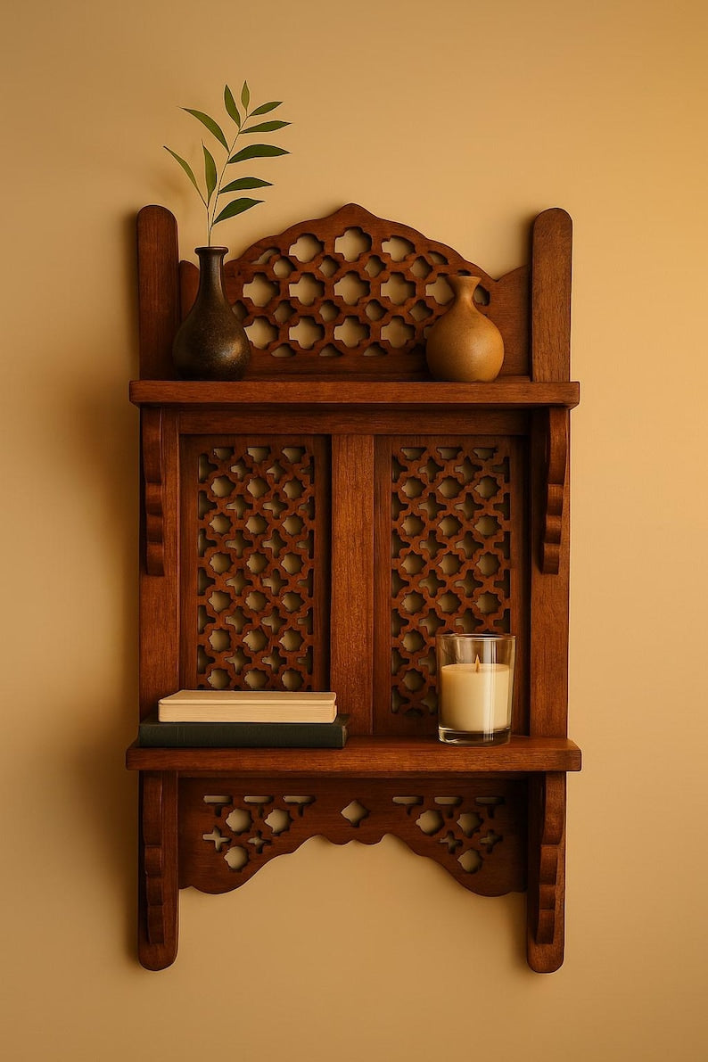 Boho Wooden Wall Shelves Double Tier Shelf for Kitchen Storage, Mugs, Spice Jars & Rustic Wall Decor