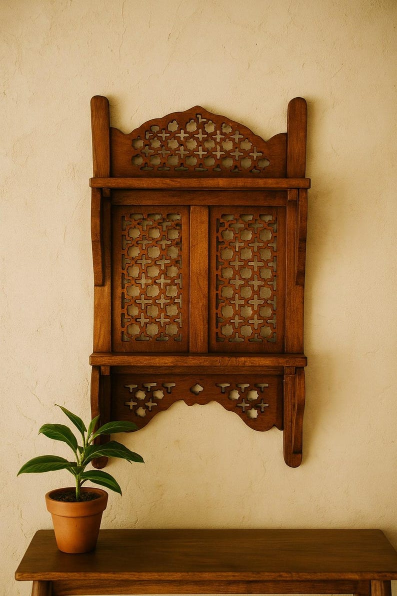 Boho Wooden Wall Shelves Double Tier Shelf for Kitchen Storage, Mugs, Spice Jars & Rustic Wall Decor
