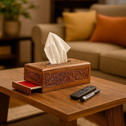 Hand-Carved Rosewood Tissue Box Cover with Velvet Drawer
