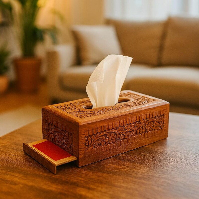 Hand-Carved Rosewood Tissue Box Cover with Velvet Drawer