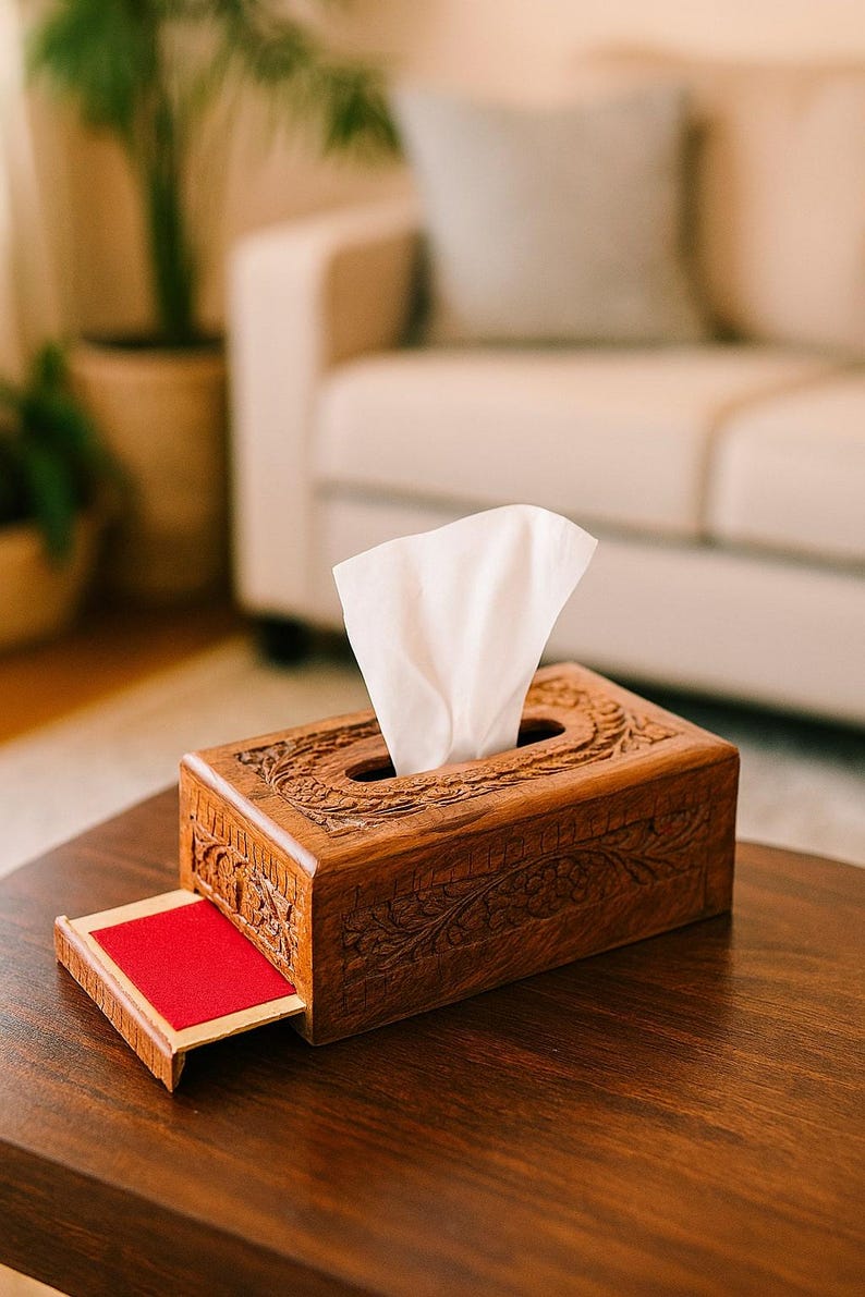 Hand-Carved Rosewood Tissue Box Cover with Velvet Drawer