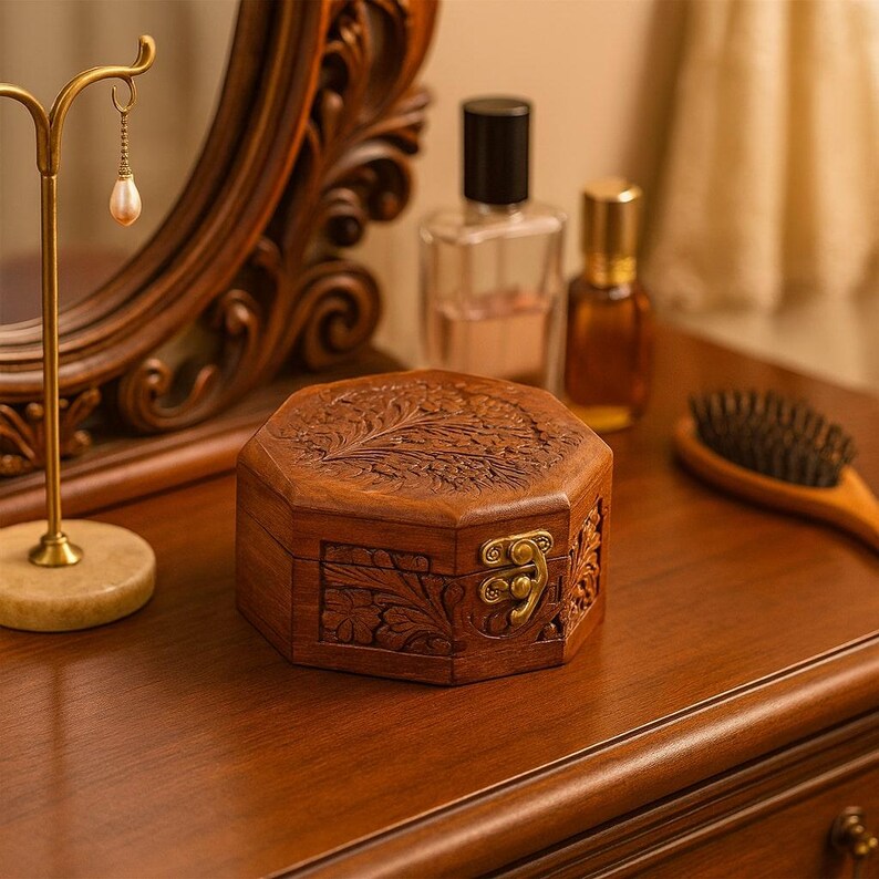 Engraved Wooden Jewelry Box – Necklace, Ring, Earring Holder, Christmas Gift for Mom, Wife, Girlfriend & Travel Jewelry Case