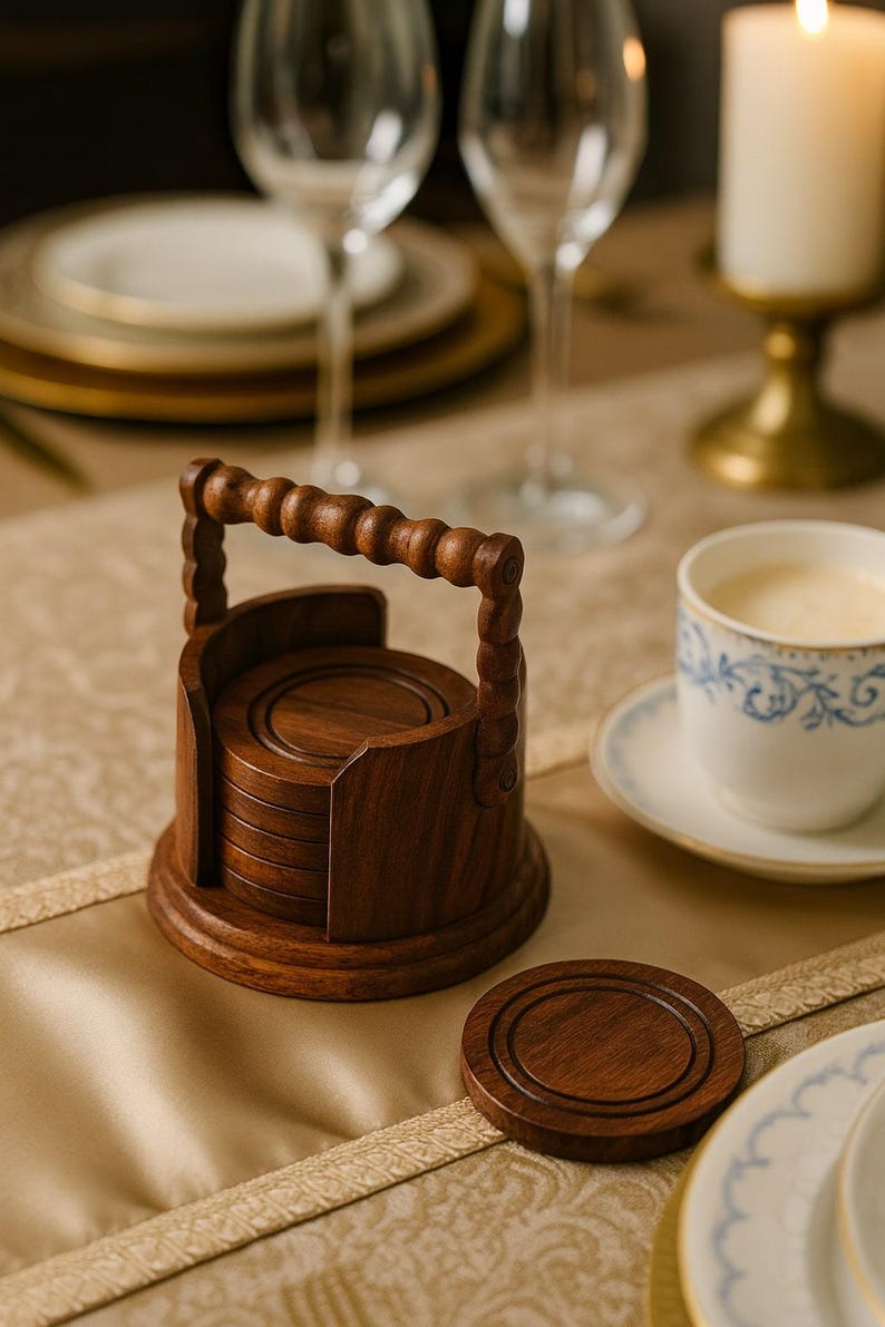 Rosewood Coaster Set with Holder: Farmhouse Tea Table Decor