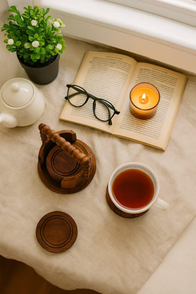 Rosewood Coaster Set with Holder: Farmhouse Tea Table Decor