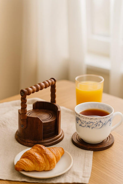 Rosewood Coaster Set with Holder: Farmhouse Tea Table Decor
