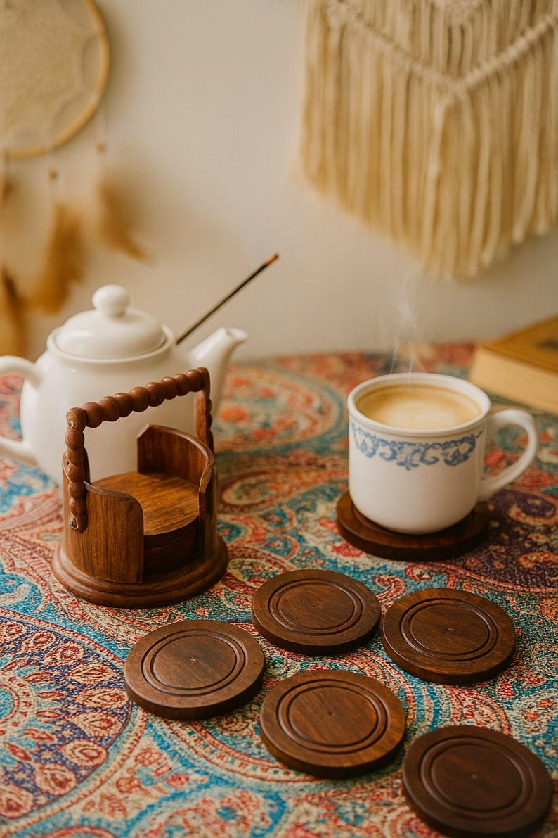 Rosewood Coaster Set with Holder: Farmhouse Tea Table Decor