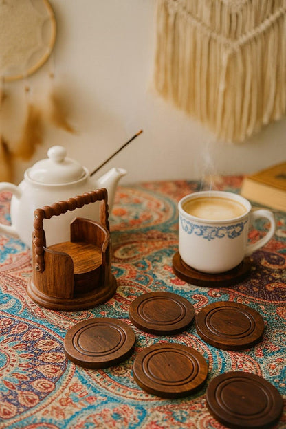 Rosewood Coaster Set with Holder: Farmhouse Tea Table Decor