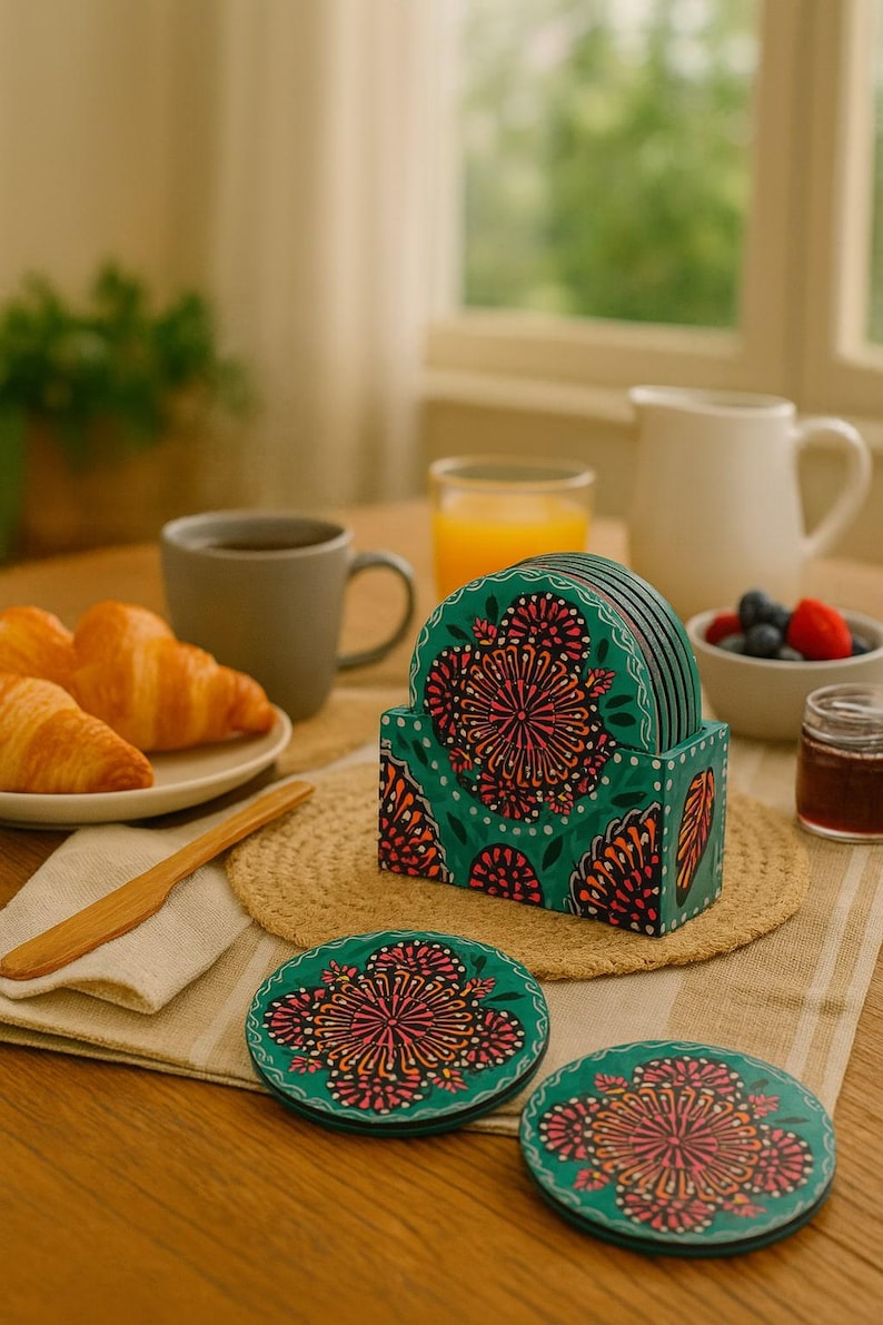Handpainted Rosewood Coaster Set with Holder: Floral Folk Art