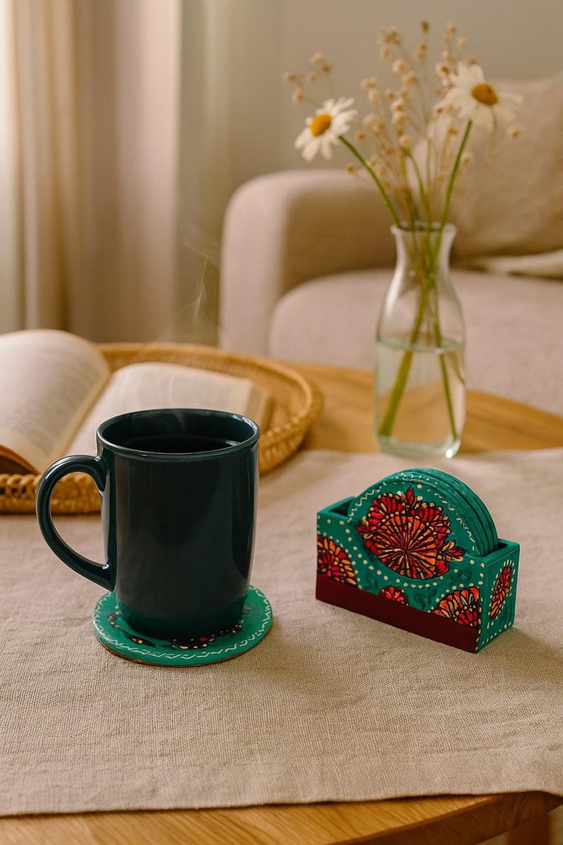 Handpainted Rosewood Coaster Set with Holder: Floral Folk Art