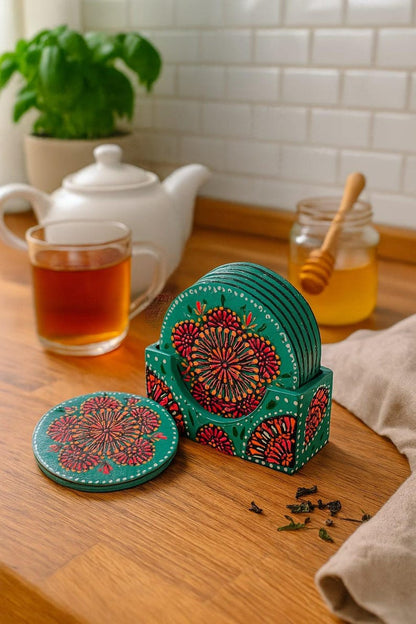 Hand-Painted Rosewood Coaster Set: Folk Art Floral Design