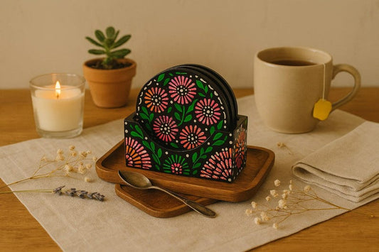 Hand-Painted Rosewood Coaster Set: Folk Art Floral Design