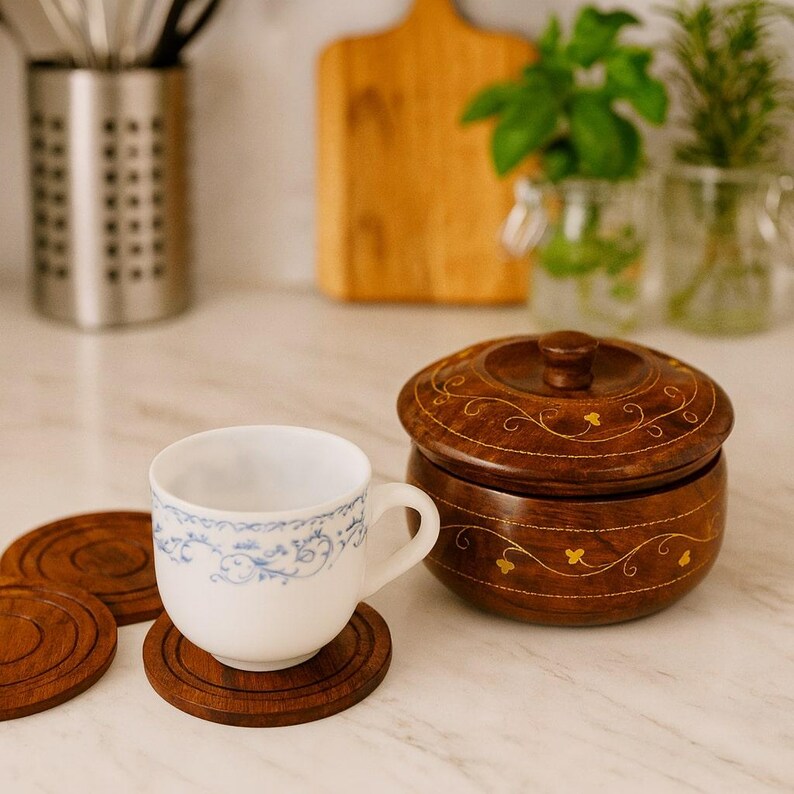 Rustic Rosewood Coaster Set with Storage Box: Boho Coffee Table Decor