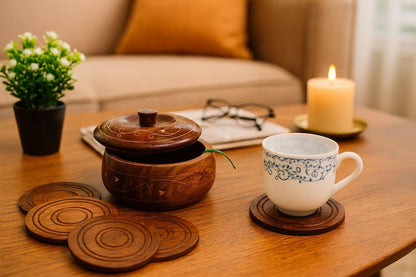 Rosewood Coaster Set with Decorative Box: Rustic Farmhouse Decor