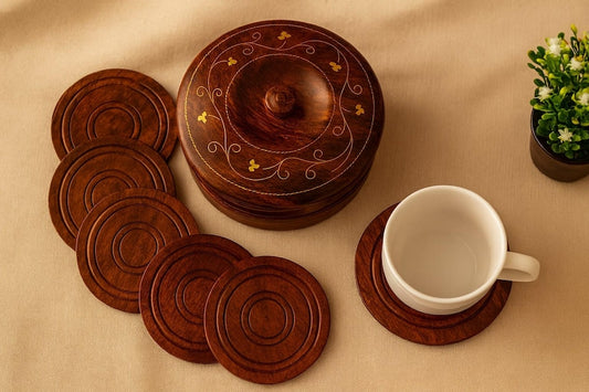 Rosewood Coaster Set with Decorative Box: Rustic Farmhouse Decor