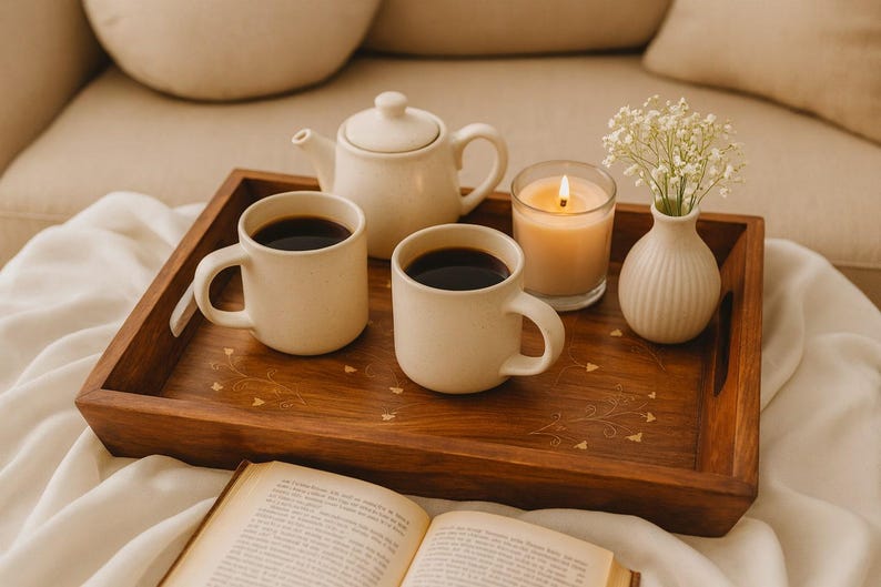 Rustic Rosewood Serving Tray with Handles: Farmhouse Ottoman Decor