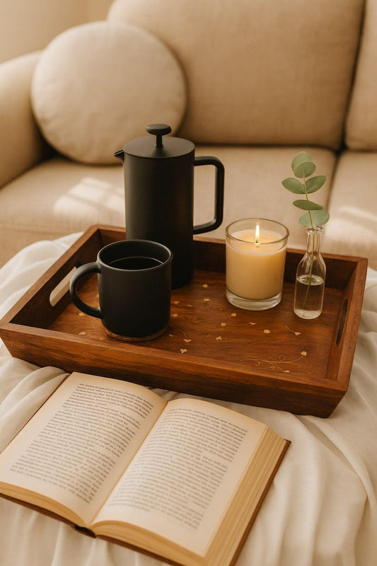 Rustic Rosewood Serving Tray with Handles: Farmhouse Ottoman Decor